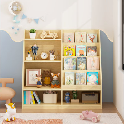 Bookshelf and Storage Organizer, Multifunctional 4 Tier Wooden Book Shelf with Bookcase Display Stand in Room Playroom Nursery (Natural)