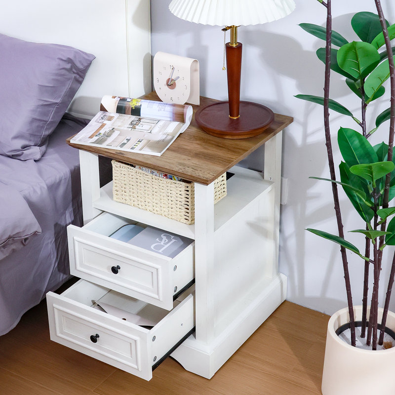 18'' W Nightstand With Drawer And Socket, Natural/White