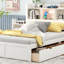 Lit plateforme double avec tablettes coulissantes, lit gigogne simple et 2 tiroirs, blanc-124438680