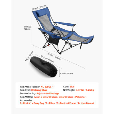 Fauteuil de camping inclinable, 4 positions réglables, supporte jusqu'à 100 kg, chaise longue pliante et portable pour adultes, chaise de plage en maille avec appui-tête et repose-pieds, chaise de camping robuste pour terrasse, bleu