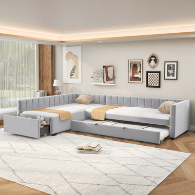 L-shape Upholstered Double Twin Size Daybed with Trundle and Drawer, Gray(ETA:6.14)