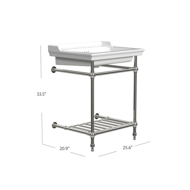 Gloss White Fireclay Rectangular Console Bathroom Sink with Overflow, 8" Centers, Polished Nickel