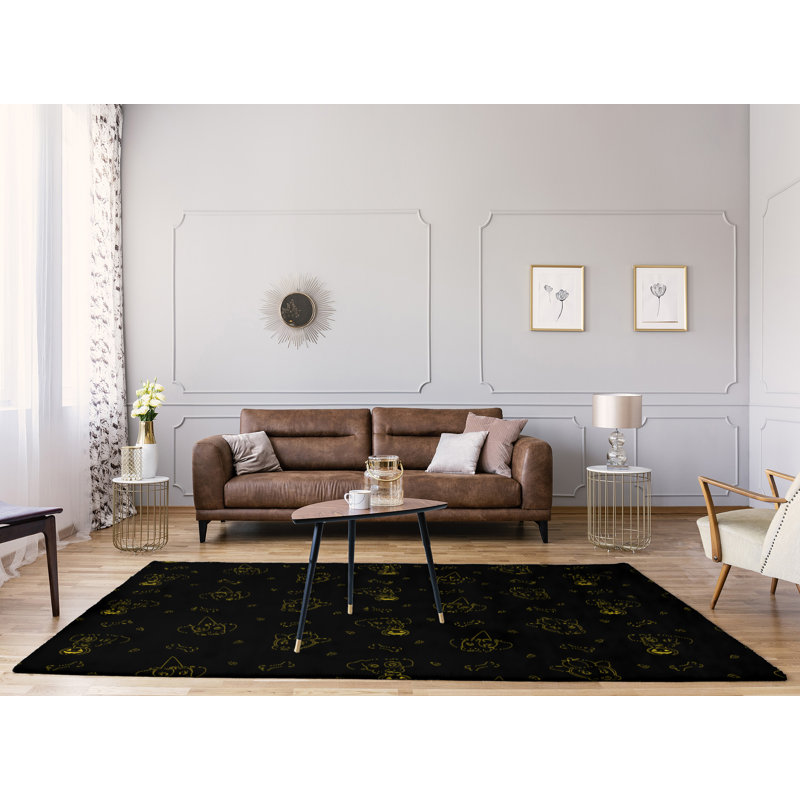Tapis noir/jaune fait main, Rectangle 9 pi x 12 pi
