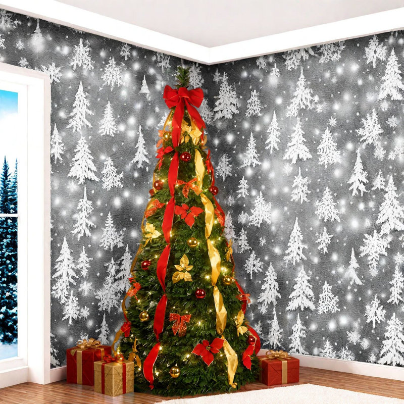 Pre-Lit Christmas Trees, 7.5 Ft Metal PVC Pop Up Modern Decor for Home