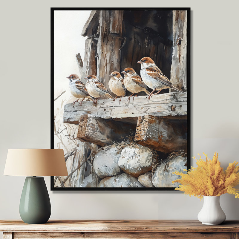 Sparrows Birds In The Farmyard IV - Art mural d'oiseaux, H 44 po x l 34 po, Impression encadrée sans passe-partout, Noir