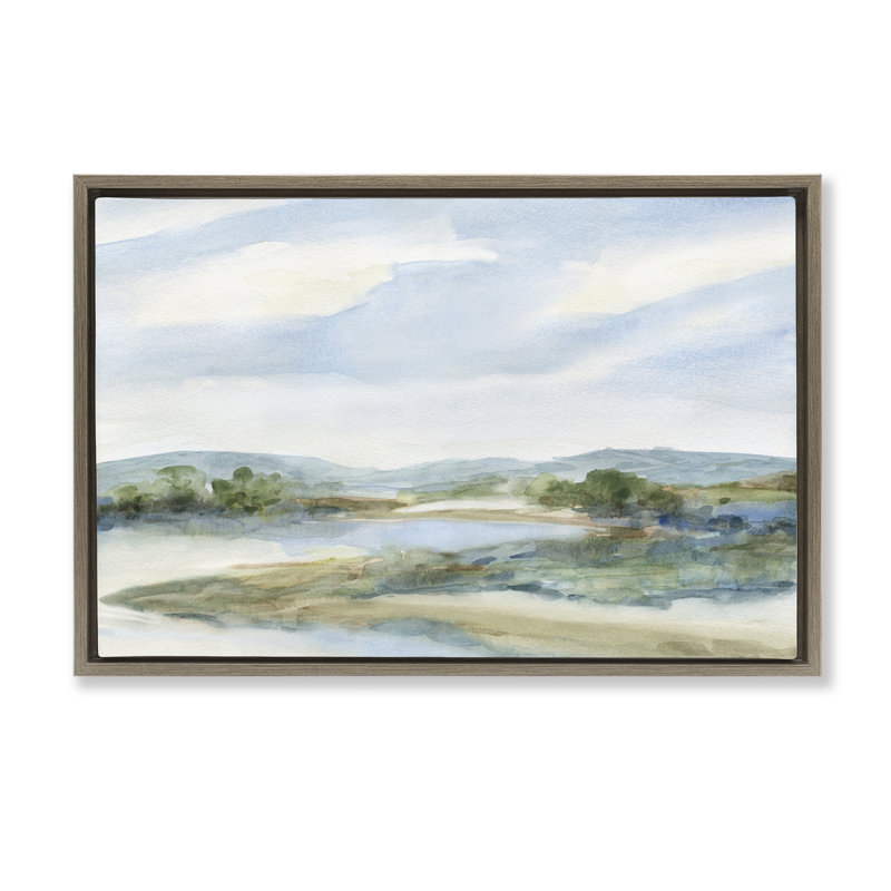 River Bend, paysage abstrait, H 17 po x l 25 po, Cadre flottant orme Montalcino