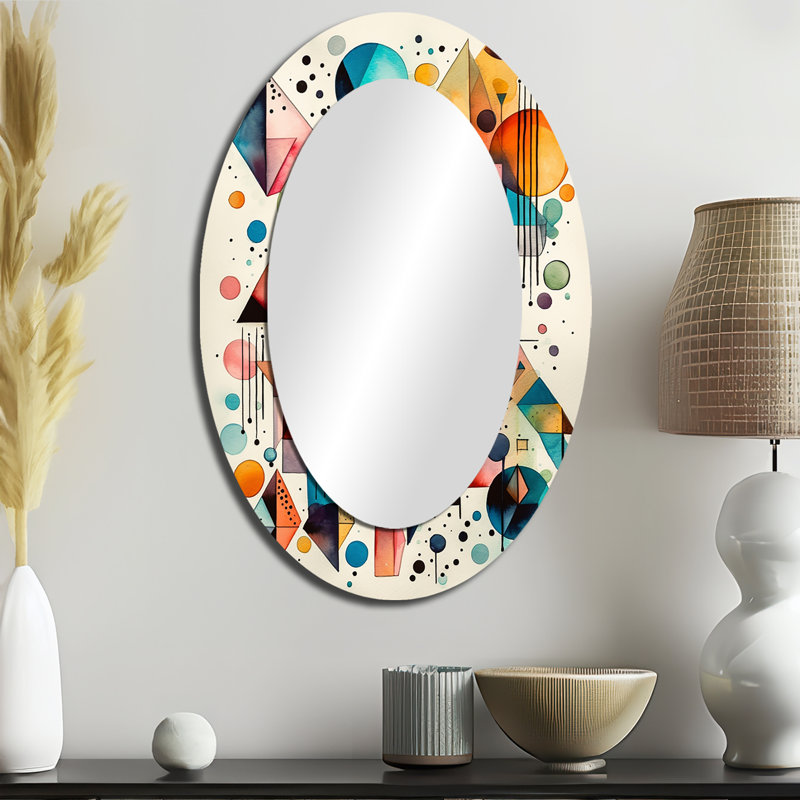 Géométrie bleue et orange Balance I - Miroir décoratif abstrait ovale sur métal, 36 po x 24 po