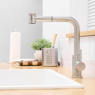 Modern Kitchen Faucets With Pull Out , Brushed Nickel, Stainless Steel, Ceramic Filler, Contemporary Look Bathroom Sink Faucet Filling