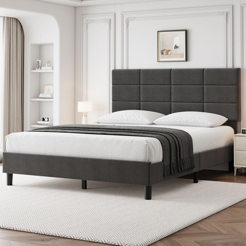 Structure de lit plateforme avec tête de lit, lit en bois rembourré en lin gris, aucun sommier tapissier nécessaire avec support de lattes en bois robuste de 700 lb
