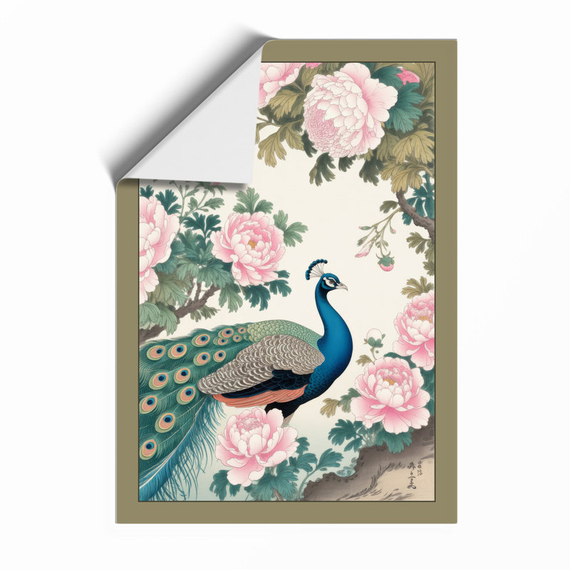 Peacock Among Roses Japandi - Framed Print, Unframed, A3 - 42.0 x 29.7 cm