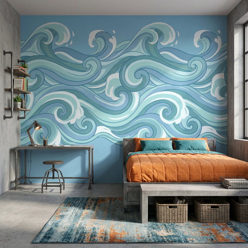 Papier peint vagues abstrait océan, 120" x 96", Peler et coller