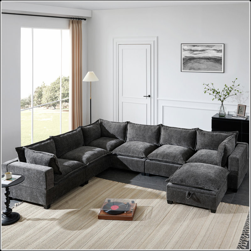 Upholstered 117.5 " Chenille U-Shaped Sectional with Ottoman, Gris chenille