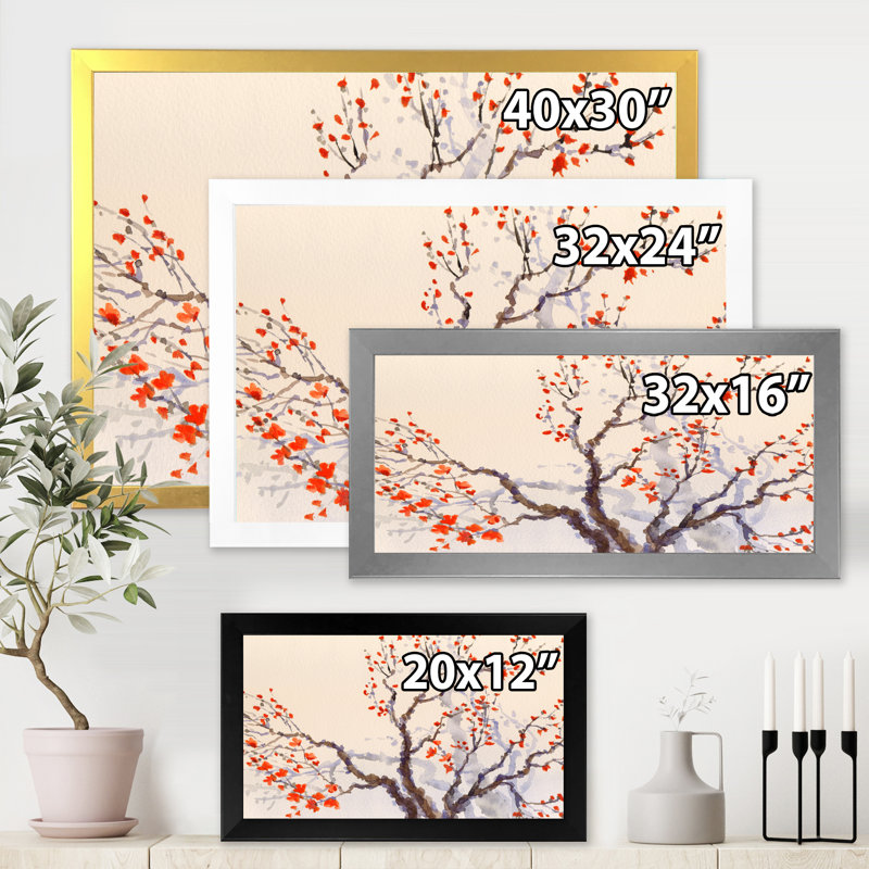 «Red Flowers and Buds on the Spring Blossoming Tree», peinture sur toile encadrée, H 24 po x l 32 po x P 1 po, Cadre blanc
