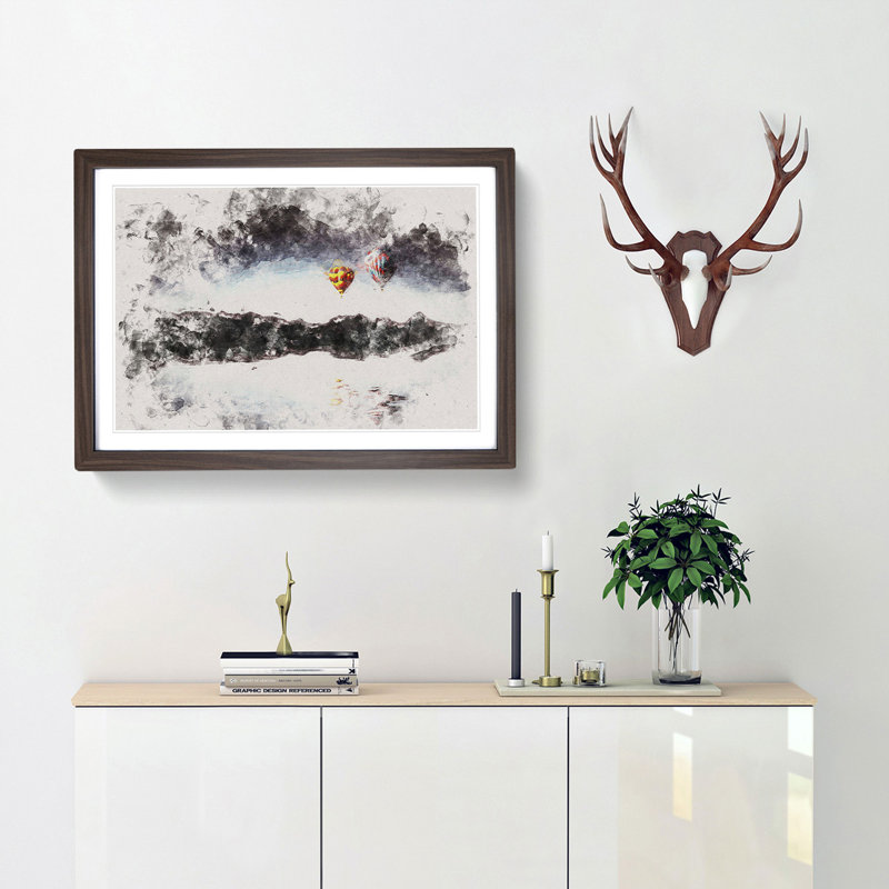 Hot Air Balloons Above a Lake - Picture Frame Painting Print, 45cm H x 63cm W x 2cm D, Walnut Framed