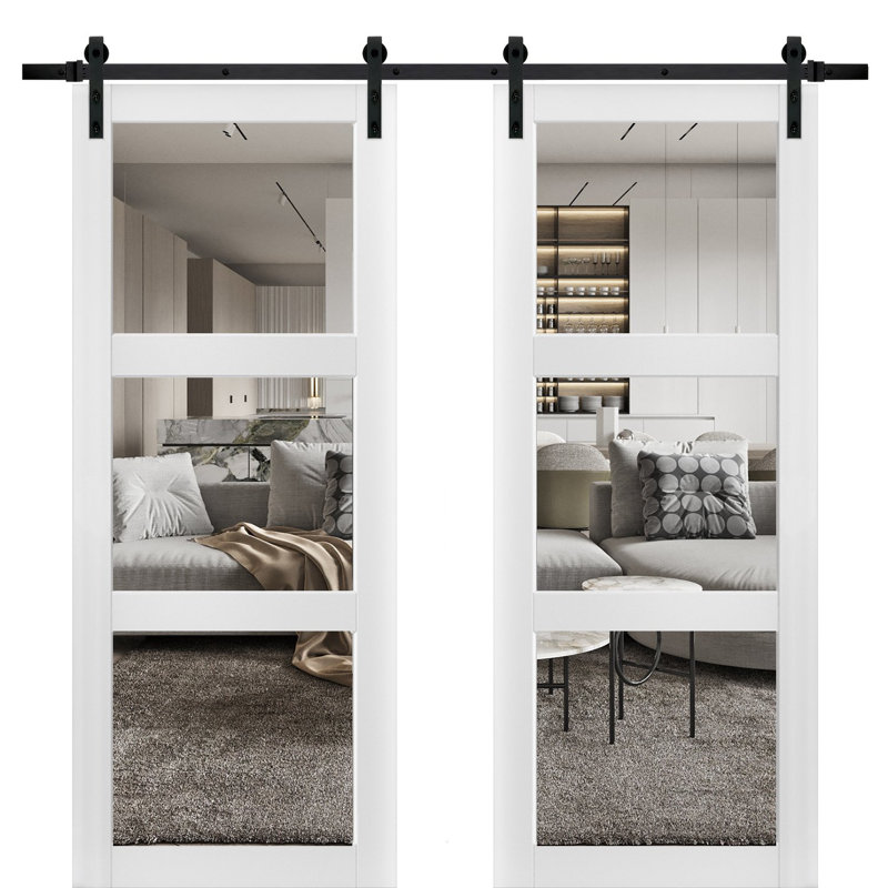 Portes de grange en verre transparent Lucia avec ensemble de quincaillerie d'installation, 72 po x 84 po
