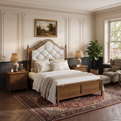 Farmhouse Wood Full Size Platform Bed with Tufted Upholstered Headboard and Sturdy Slat Support
