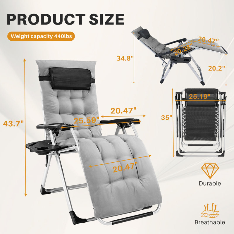 Zero Gravity Chair, Reclining Camping Lounge Chair For Indoor, Reclining Patio Chairs With Cup Holder Trays And Removable Cushion, Folding Recliner For Outdoor