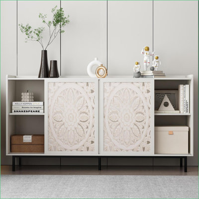 Sideboard Buffet Cabinet | White Storage with Solid Fir Wood Frame | | White