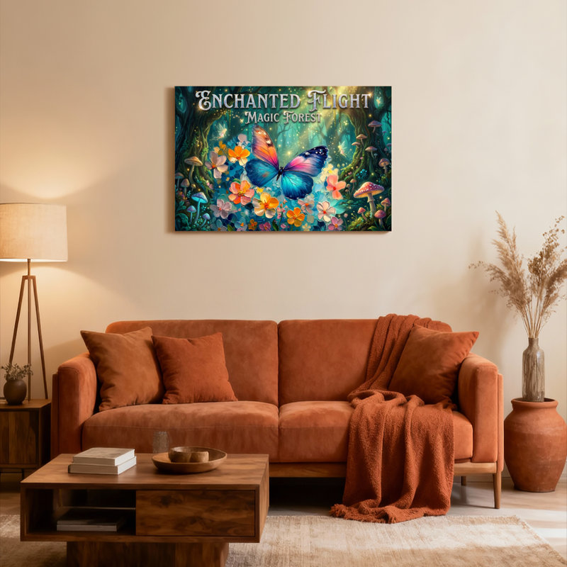 Ensemble de 1 tableau sur toile tendue « Vol enchanté, forêt magique, papillons et fleurs », H 32 po x l 48 po