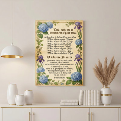 Tableau sur toile tendue à motif floral d'hortensias bleus et d'iris violets, accompagné d'une prière pour la paix, idéal pour la décoration intérieure (salon, chambre ou église).