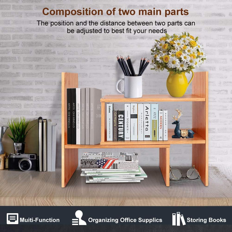 Adjustable Natural Wood Desktop Bookshelf Bamboo Desk Storage Organizer Display Shelf Rack, Counter Top Bookcase