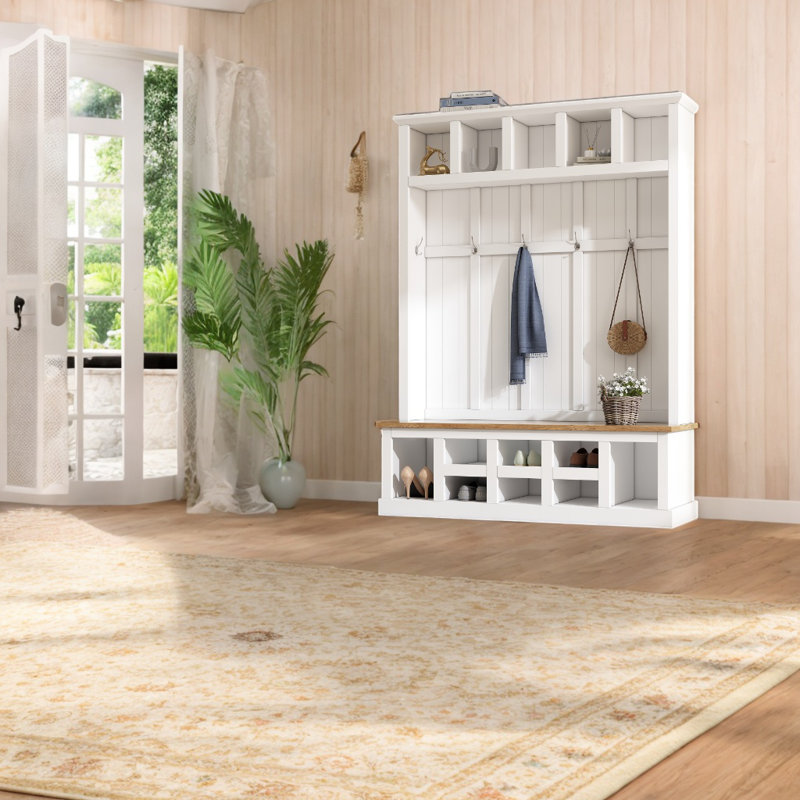 Calisto Hall Tree with Bench Entryway Shoe Cabinet with Hooks and Shoe Storage, White