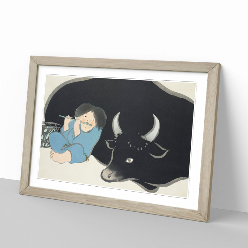 Flute Player with Cow by Kamisaka Sekka - Framed Print, Oak Framed, 48cm H x 65cm W x 2cm D