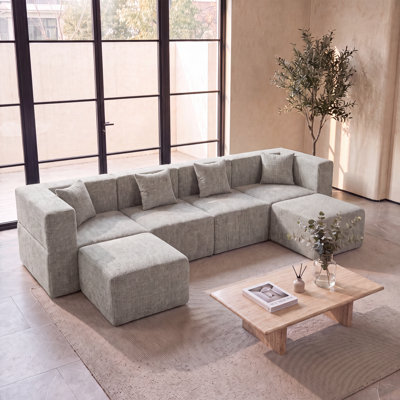 Horgan 130" Boneless Modern U/L-Shaped Modular Chenille Sofa With Ottoman Set, Compression Foam Sectional Couch, Deep Seat