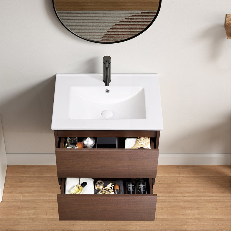 Meuble-lavabo mural brun foncé, assemblage facile, tiroir à fermeture en douceur avec glissières de qualité supérieure, fabrication en bois robuste, emballage sécuritaire sans lavabo