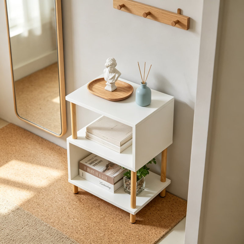 Table d'appoint Mid-Century moderne pour chambre à coucher, petite table de bout avec tablette de rangement ouverte, White