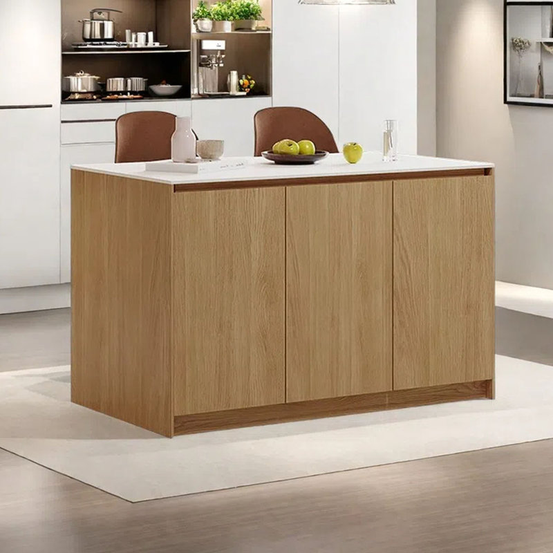 Kitchen Island with Marble Top and Solid Wood Base, Natural Wood
