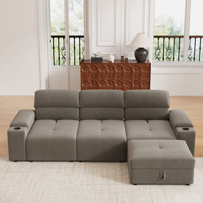 105"W Modular Sectional Sofa With Down Feather Filled And Storage Ottoman, Cloud Sectional Couch With Adjustable Backrest And Cup Holders For Living Room