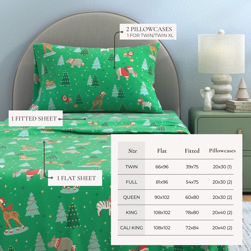 Ensemble de draps de Noël 100% flanelle de coton turc, Animaux de safari Noël, Grand avec deux taies d'oreiller