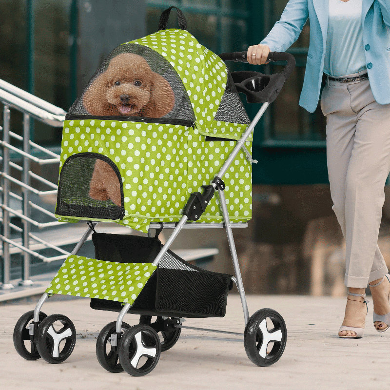 Lawn Green Polka Dot 3-in-1 Foldable Pet Stroller with Steel Frame