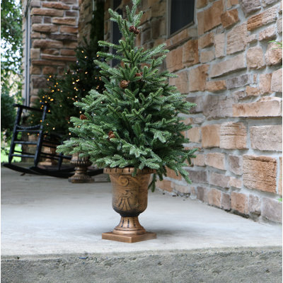 Fraser Hill Farm Set of Two 3-Ft. Noble Fir Artificial Trees with Metallic Urn Bases