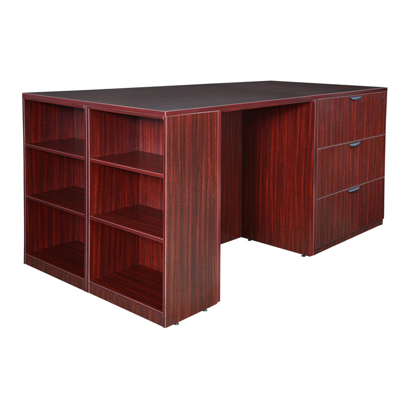Nebih Stand Up Lateral File/ 3 Desk Quad with Bookcase End, Mahogany