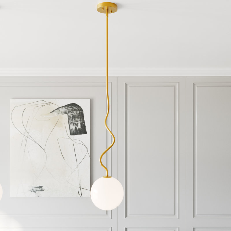 S-Curve Globe Pendant with White Jade Glass, Brushed Gold