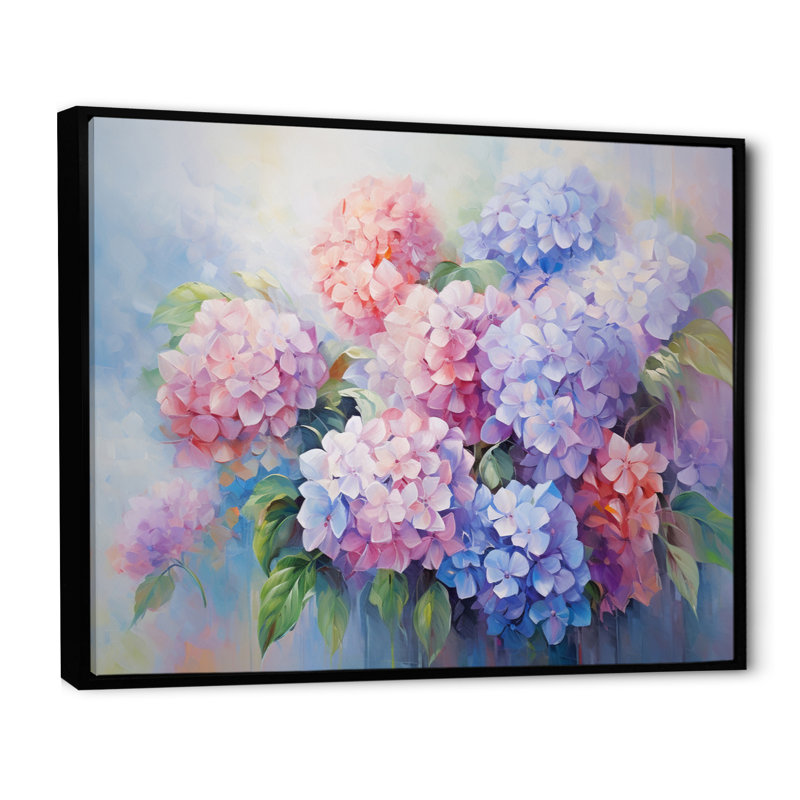 Impression romantique d'hortensia mauve rose, Cadre flottant noir, H 34 po x l 44 po x P 1,5 po