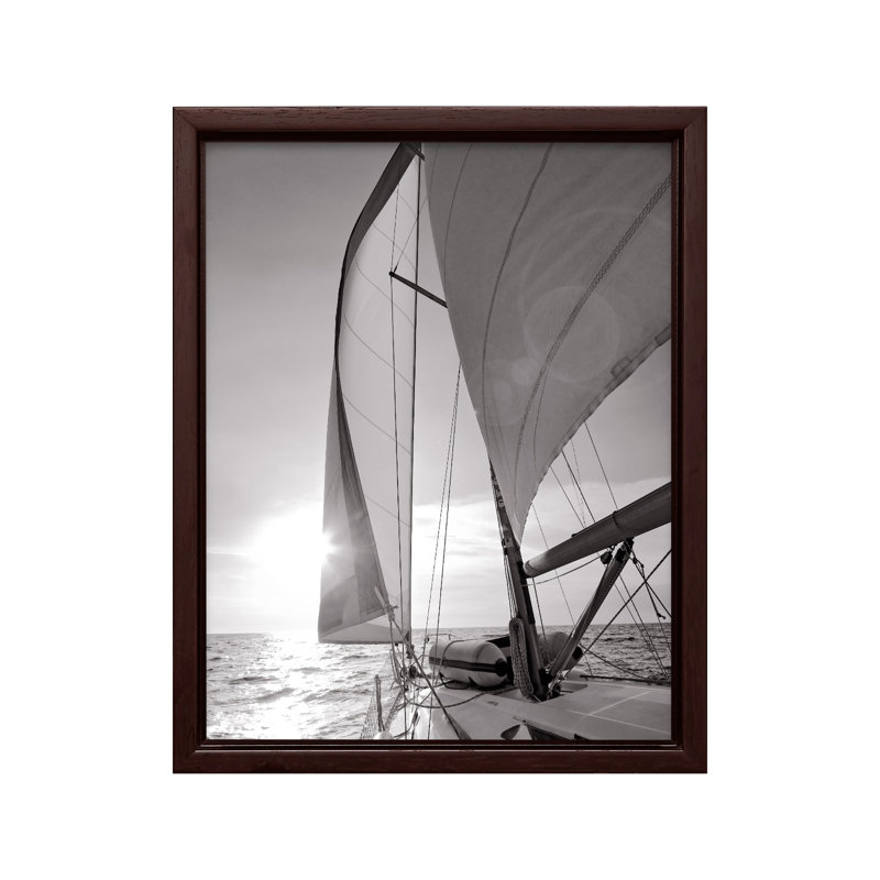 Yacht naviguant vers le coucher du soleil, Canvas, 24"H x 32"W, Brown Framed