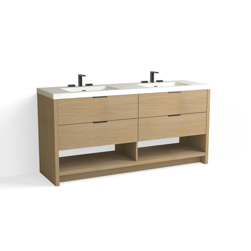 Vue 72" W Freestanding Double Bathroom Vanity, Biondo, Polished Nickel, Matte White/8" Widespread