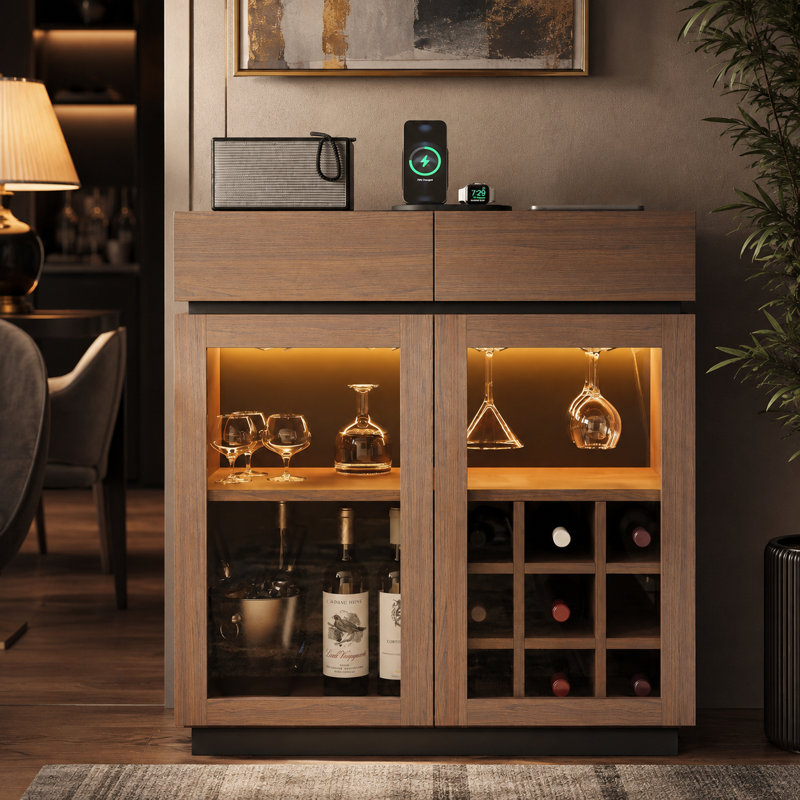 Mini Wine Bar Cabinet With Led Lights, Wine Storage Cabinet With Removable Wine Rack, Glass Holders, 2 Drawers, Charging Ports, Modern Bar Coffee Station Whiskey Liquor Cabinet For Home And Office
