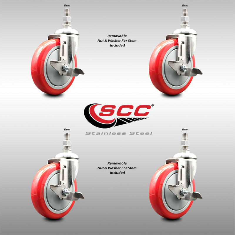 5 Inch 316SS Red Polyurethane Swivel 10mm Threaded Stem Caster Set Brake