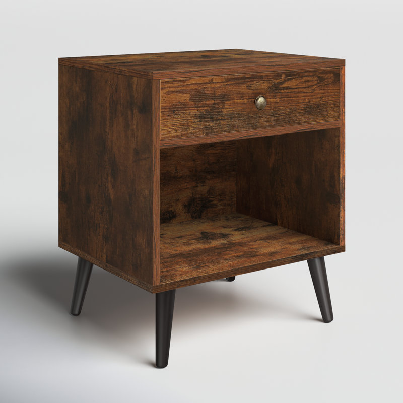 Vansant 1 - Drawer Nightstand with Drawer and Open Compartment, Solid Wood Legs, Rustic Brown