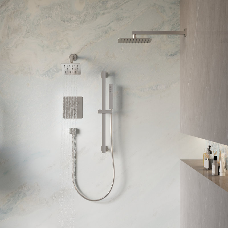 Système de douche double à 3 fonctions avec pluie, tête réglable et baguette manuelle (valve incluse), Nickel brossé