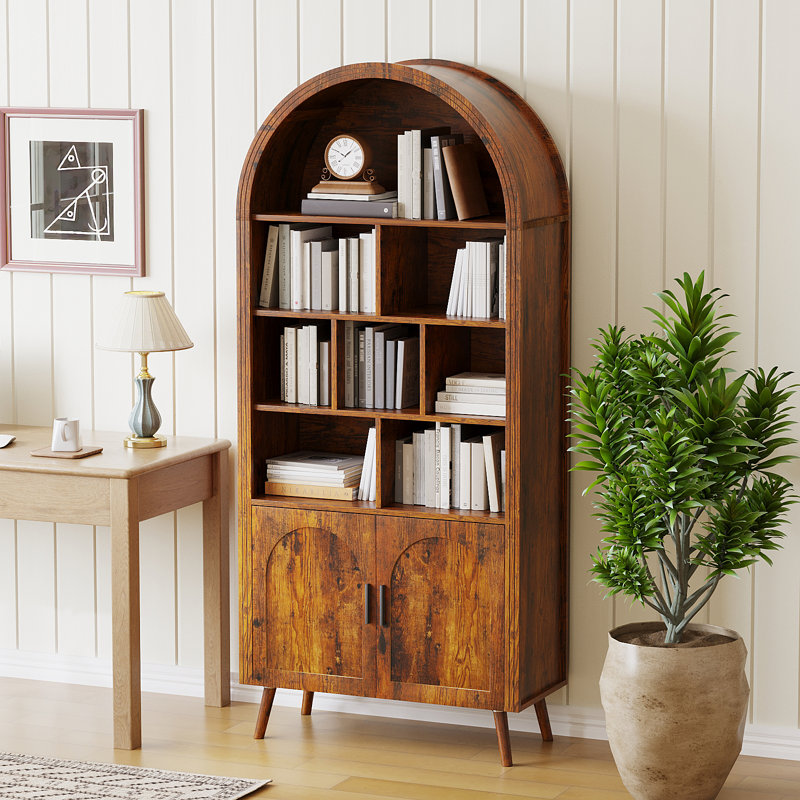70.8" Tall Arched Bookcase With Storage, Mid Century Modern 6-Tier Cabinet With Door And Drawer, Metal Legs And Metal Handles,Arched Bookshelf With Open Display Shelf For Office Living Room