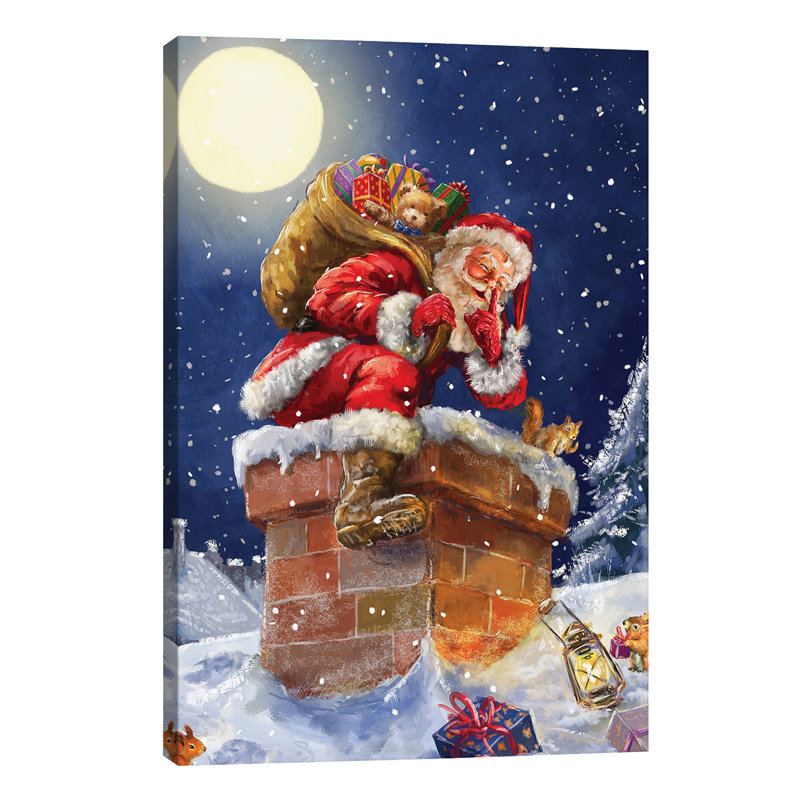 Santa At Chimney With Moon by Marcello Corti - Wrapped Canvas Painting, 101.6 cm H x 66.04 cm W x 1.91 cm D