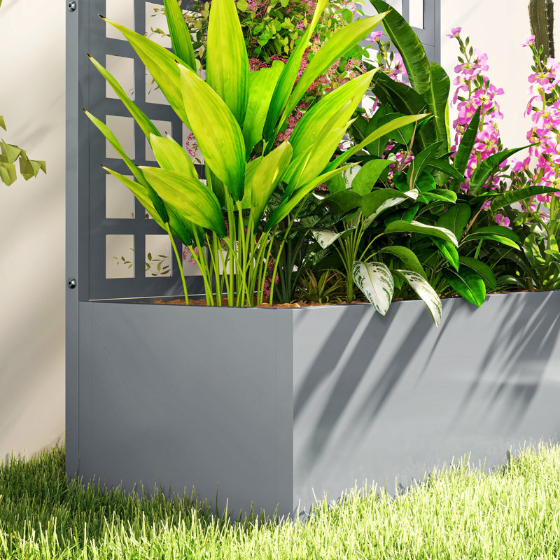 Galvanized Planter Box with Trellis, 43"x16"x70" Grey Wood Effect, 70.1" H x 43.3" W x 15.9" D, Gray
