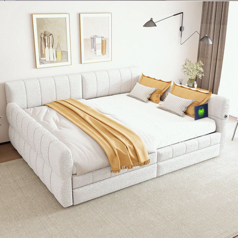 Grand lit plateforme tapissier avec USB et 2 tiroirs, Blanc