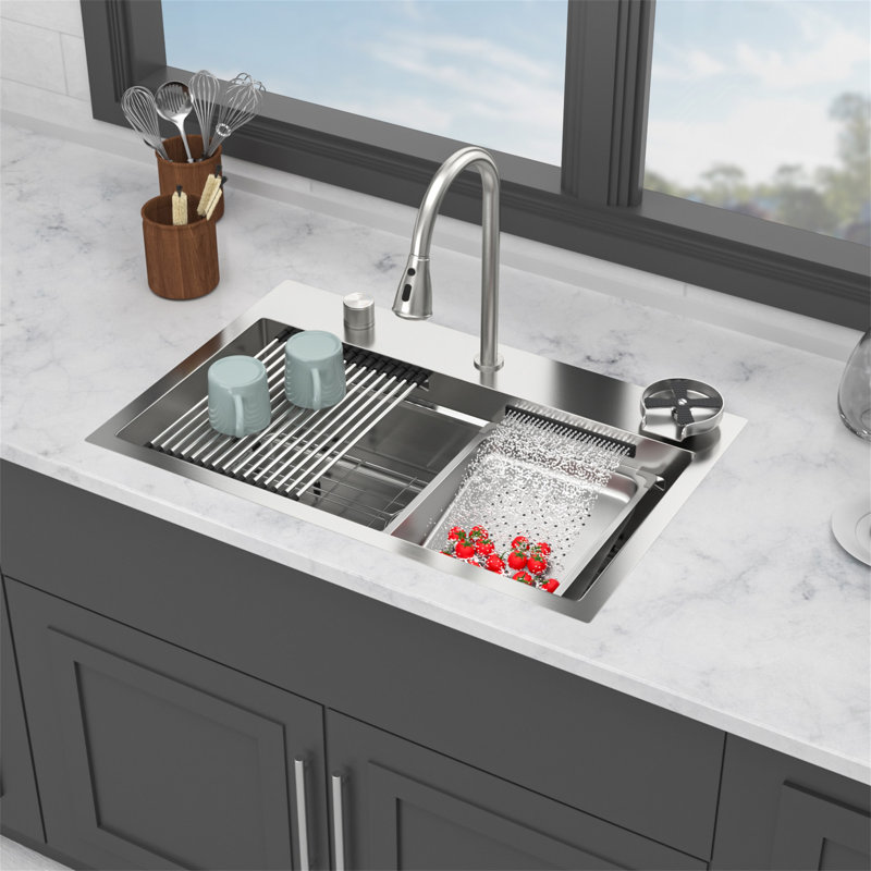 Évier de cuisine 31,5 po à cascade encastrée 31,5 po x 21 po à cuve simple en acier inoxydable de calibre 16 avec robinet rétractable et laveuse de tasses