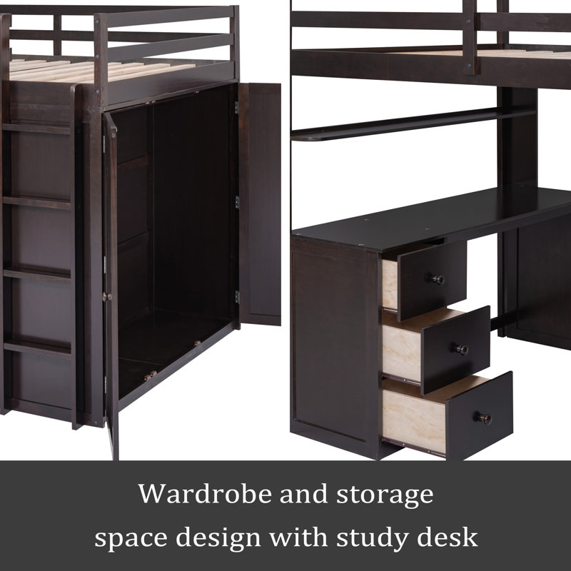 Lit mezzanine avec tiroirs, bureau et garde-robe, Lit double, Espresso